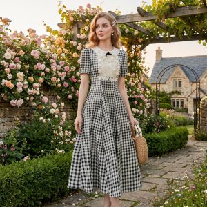 Black Gingham Vintage Midi Dress