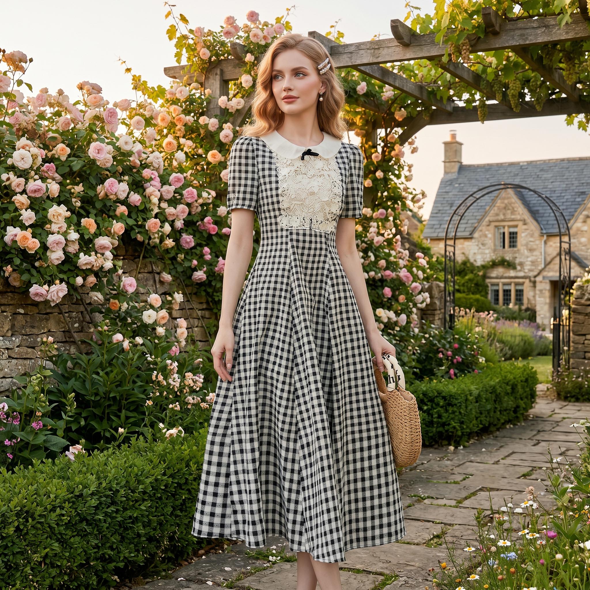 Black Gingham Vintage Midi Dress