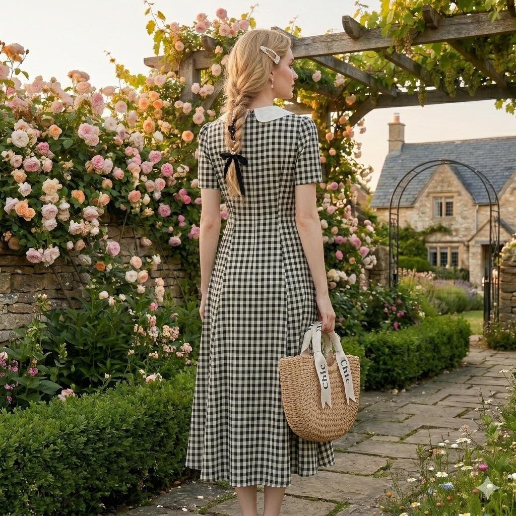 Black Gingham Vintage Midi Dress - Image 4