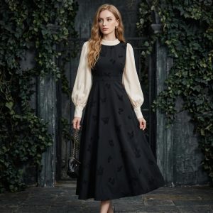 Black Vintage Butterfly Embroidered Midi Dress