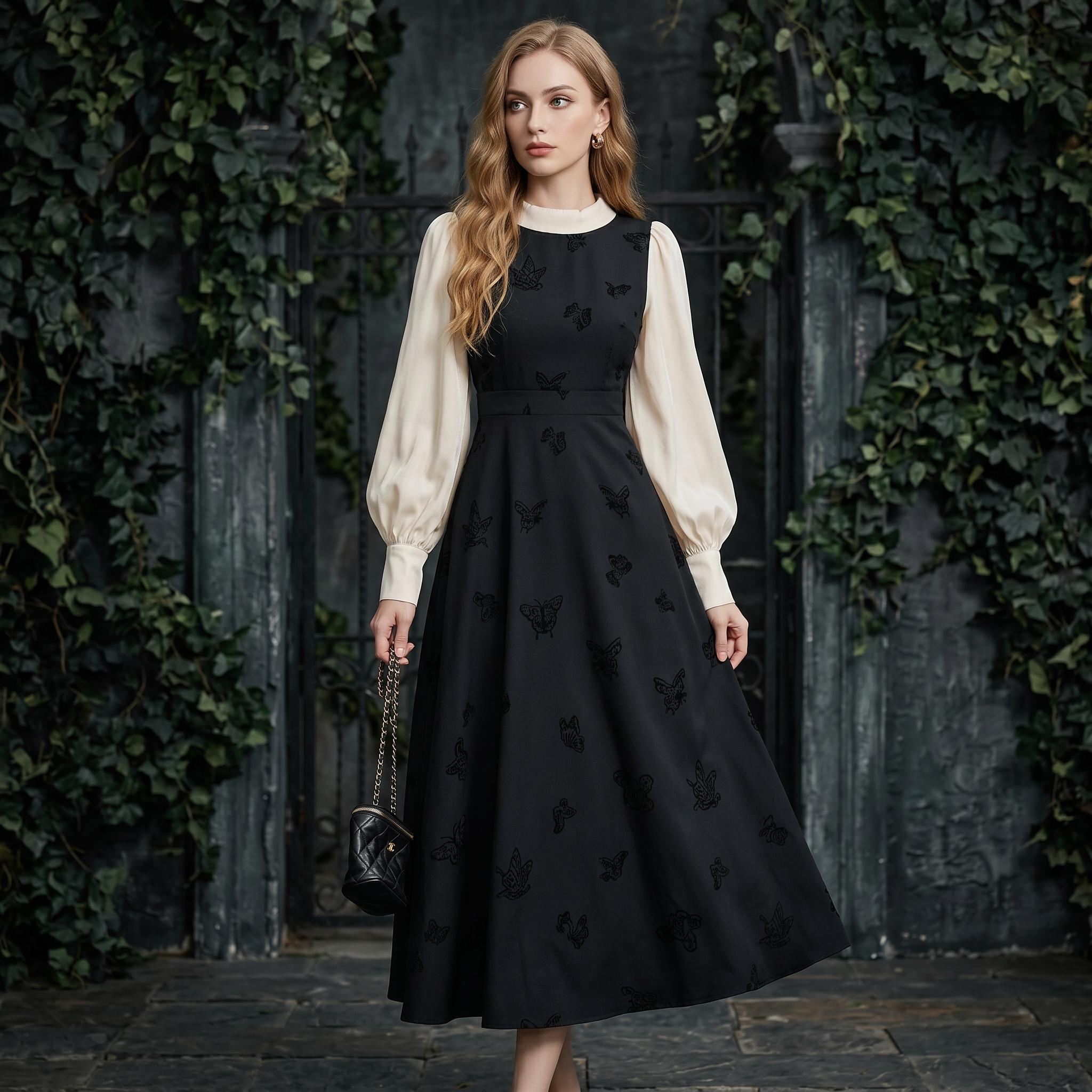 Black Vintage Butterfly Embroidered Midi Dress
