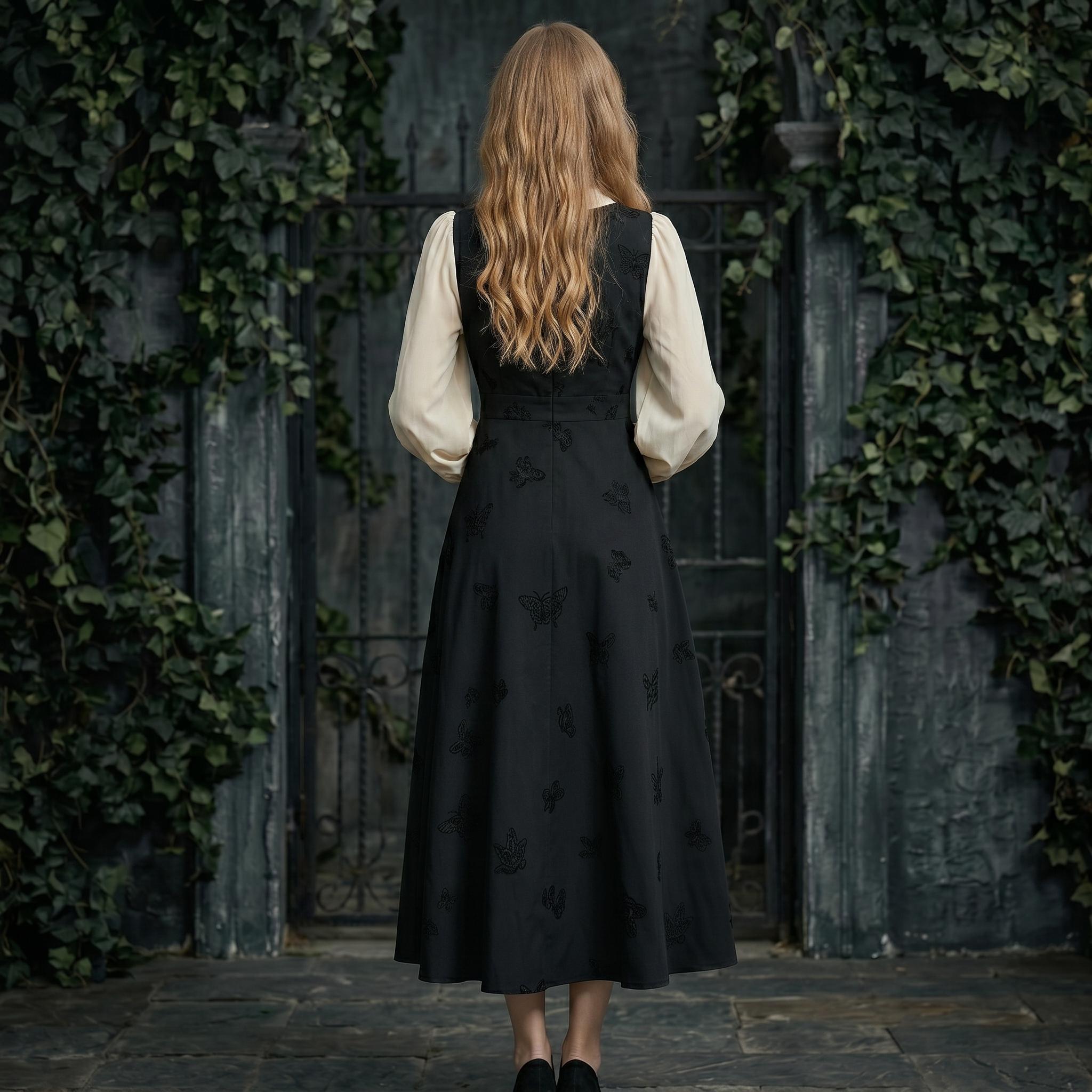 Black Vintage Butterfly Embroidered Midi Dress - Image 5