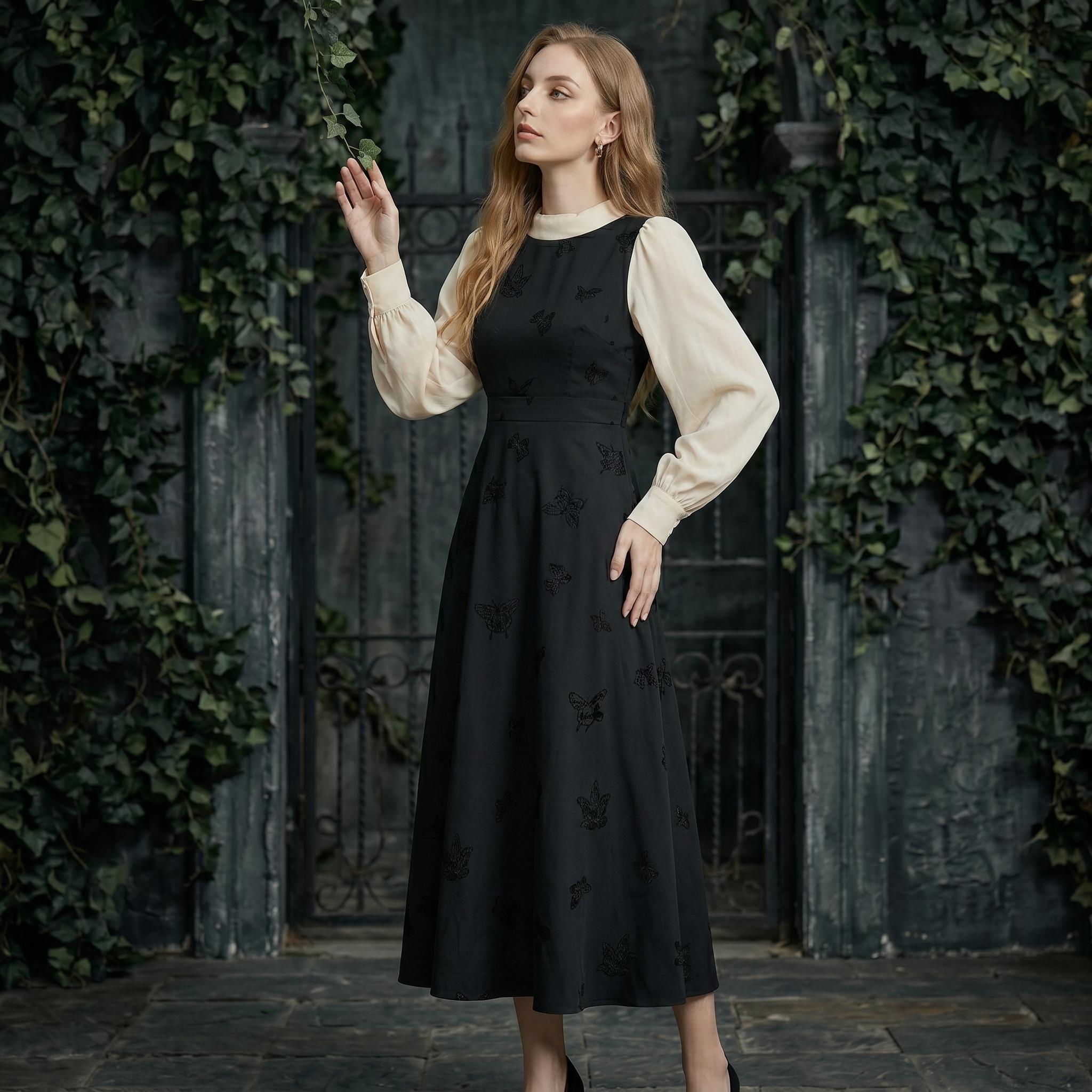 Black Vintage Butterfly Embroidered Midi Dress - Image 4