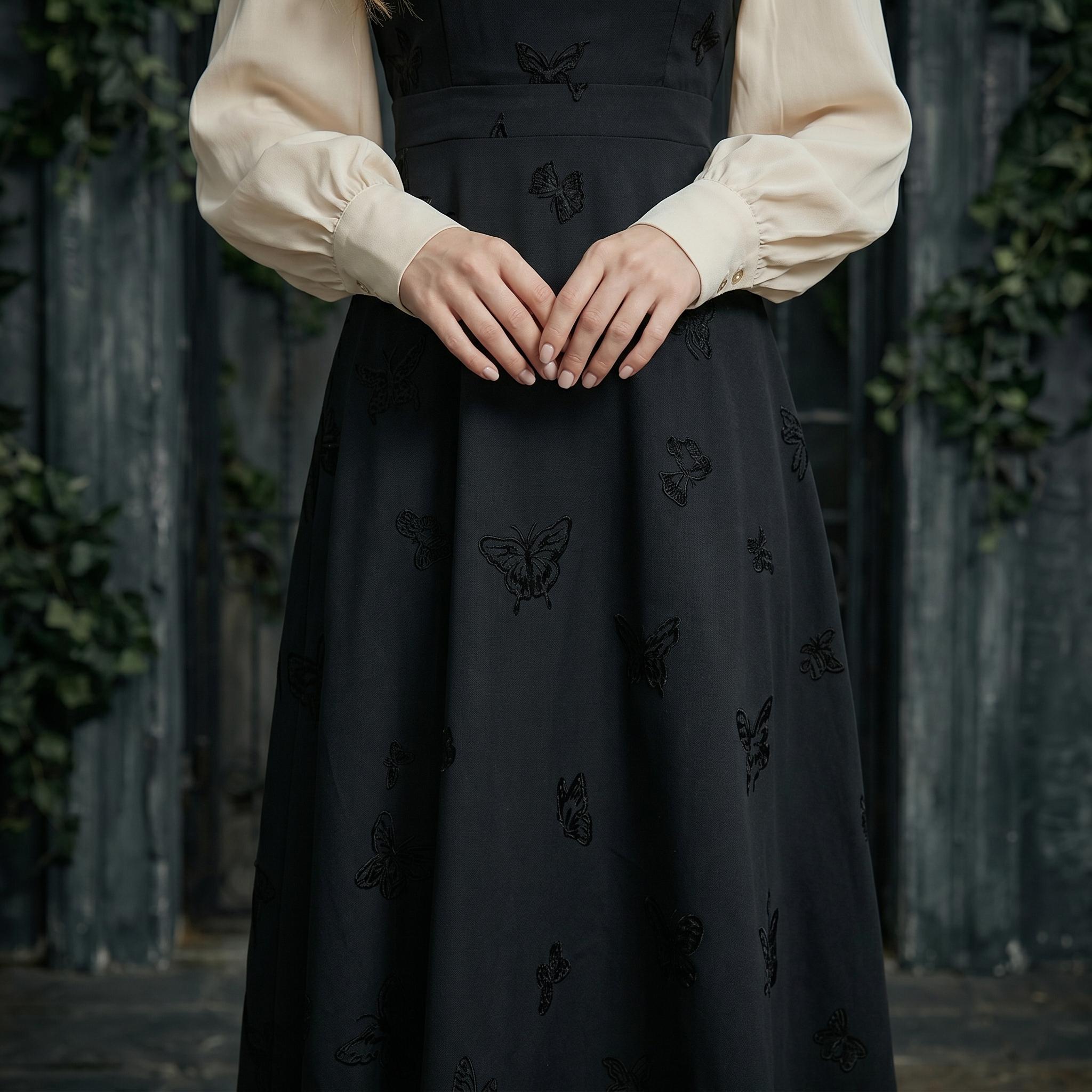 Black Vintage Butterfly Embroidered Midi Dress - Image 3