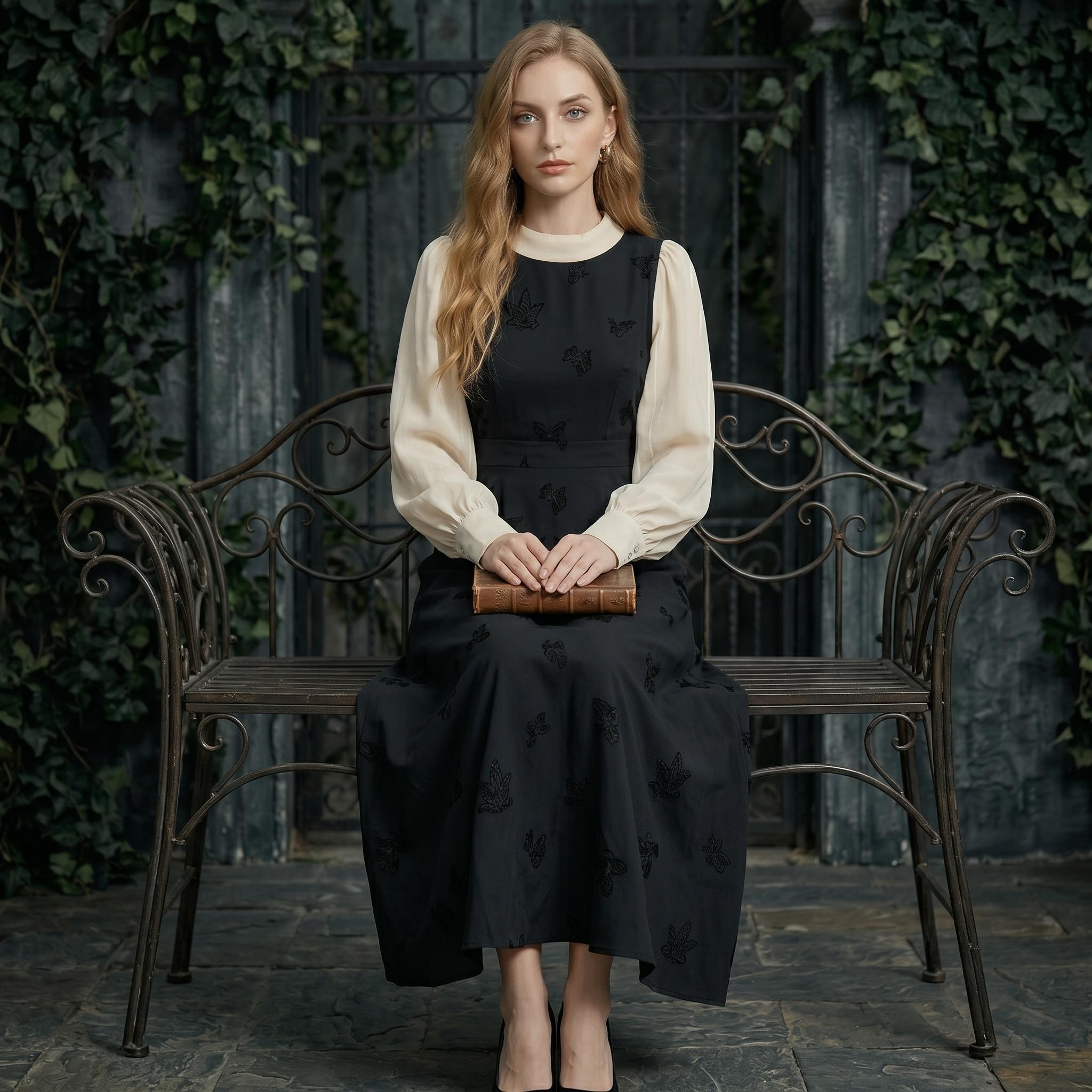 Black Vintage Butterfly Embroidered Midi Dress - Image 2