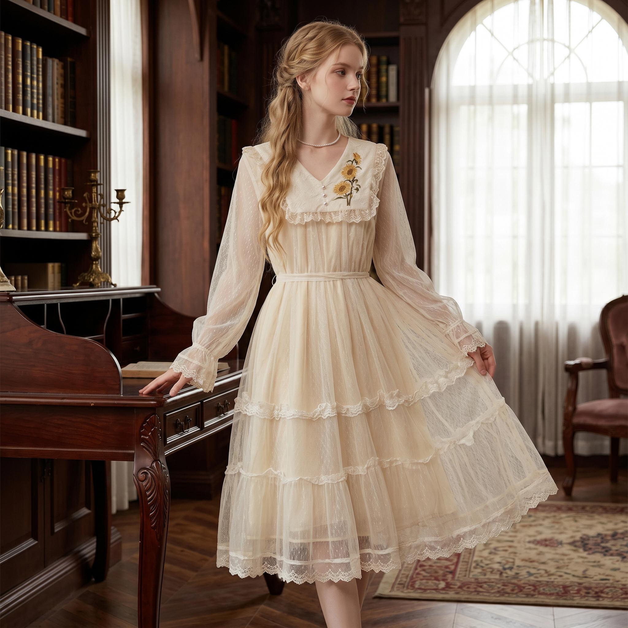 Cream Ivory Floral Embroidered Midi Dress - Image 2