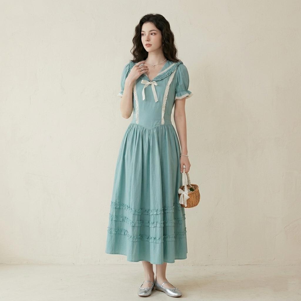 Dusty Teal Vintage Midi Dress