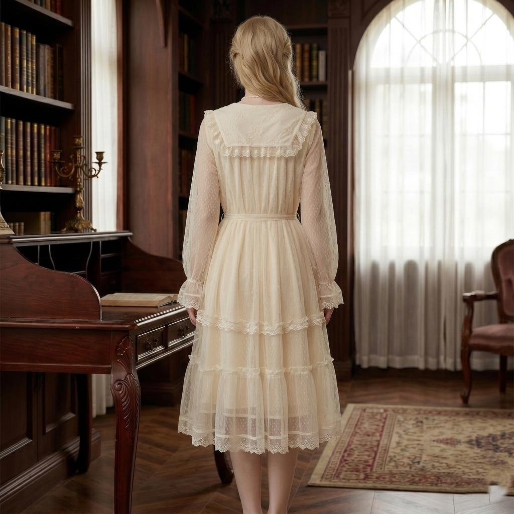 Cream Ivory Floral Embroidered Midi Dress - Image 3