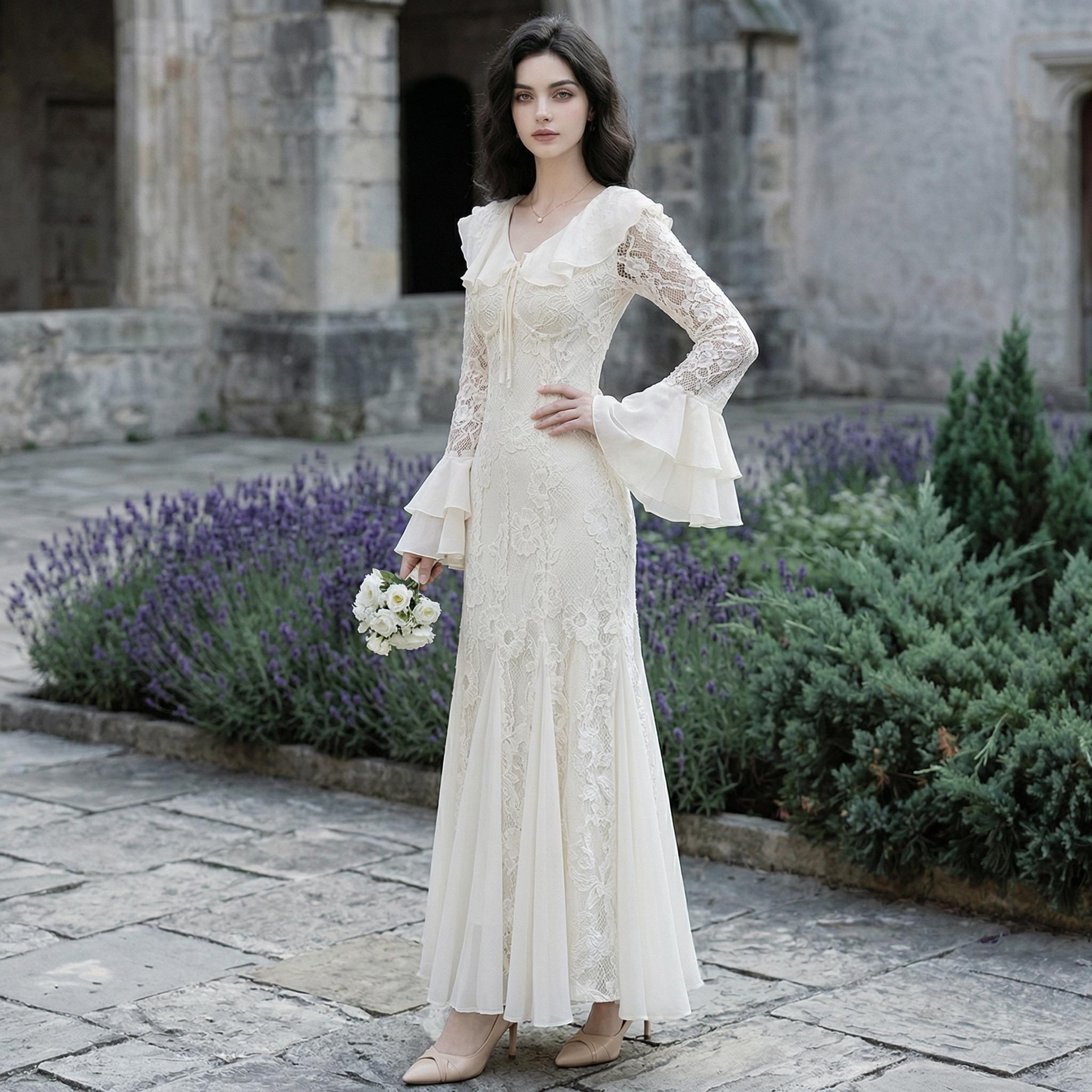 Ivory Lace Vintage Maxi Dress - Image 4