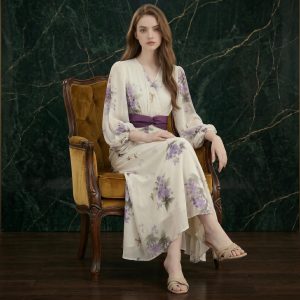 Ivory Purple Floral Vintage Maxi Dress