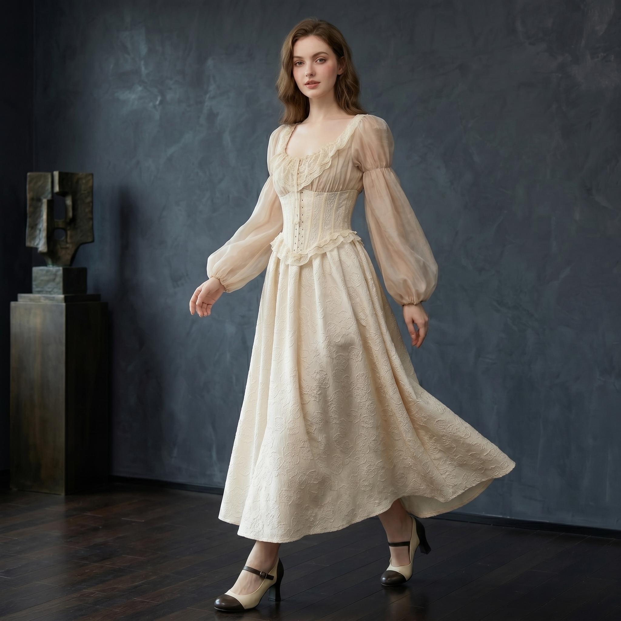 Ivory Vintage Puff Sleeve Midi Dress - Image 2