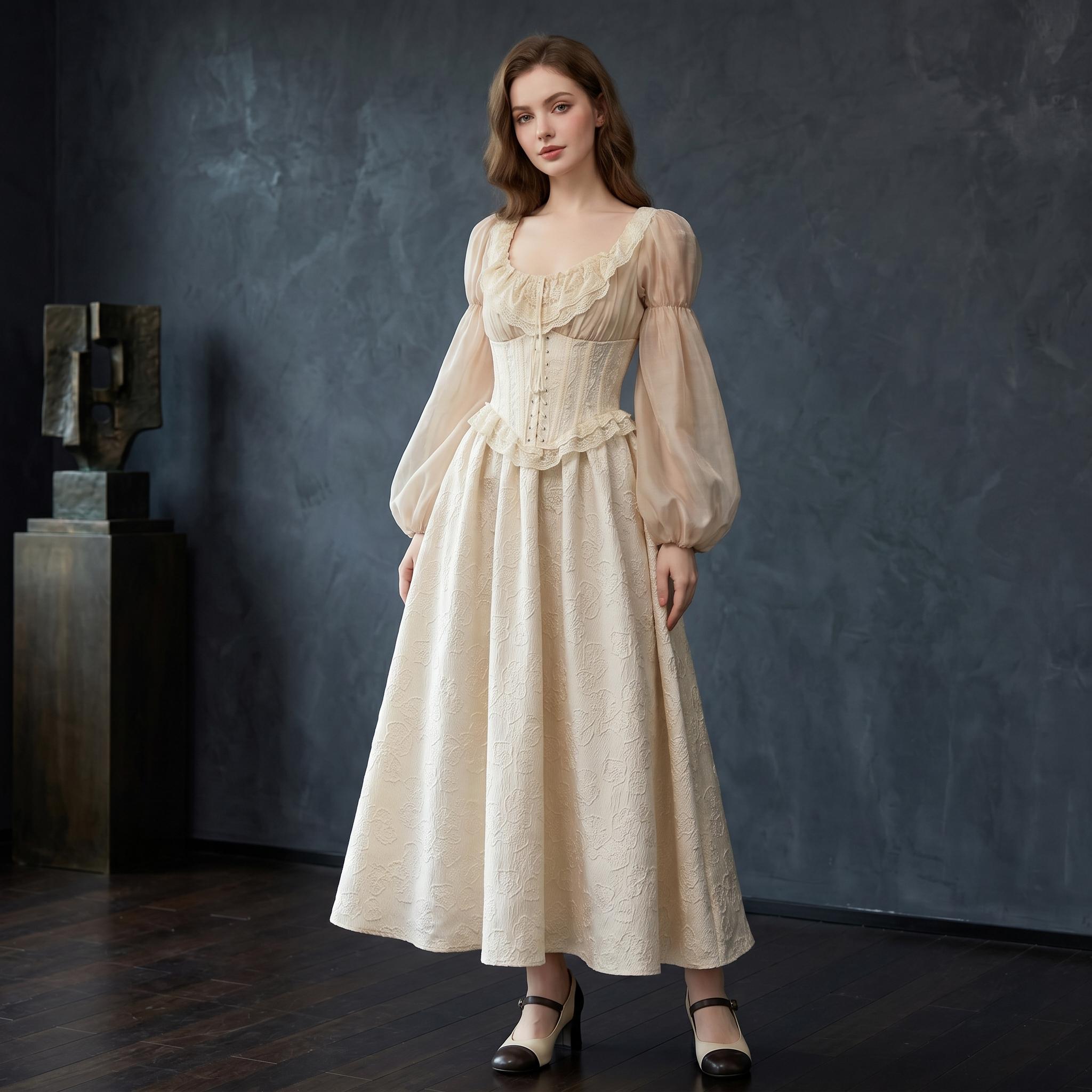 Ivory Vintage Puff Sleeve Midi Dress - Image 3
