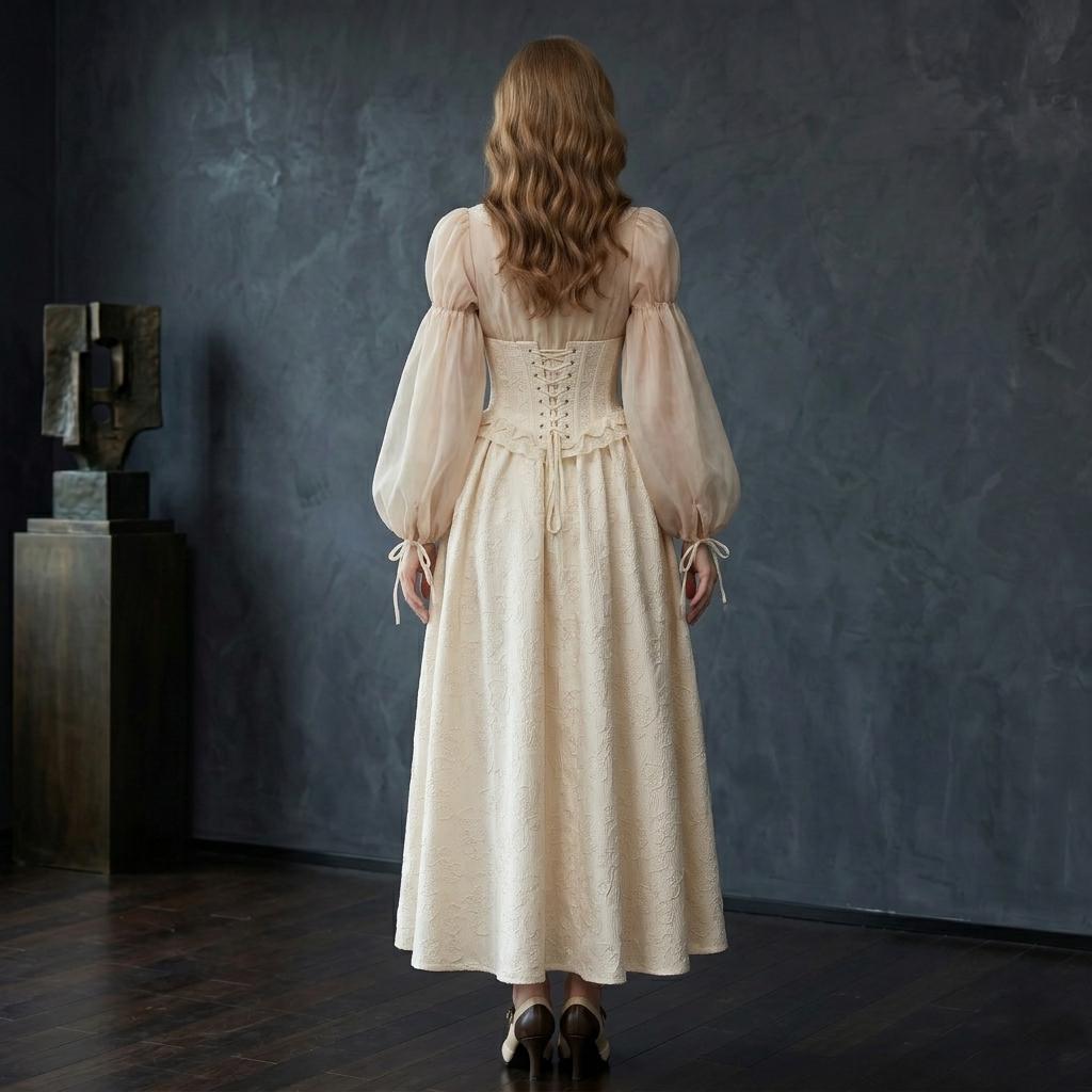 Ivory Vintage Puff Sleeve Midi Dress - Image 4