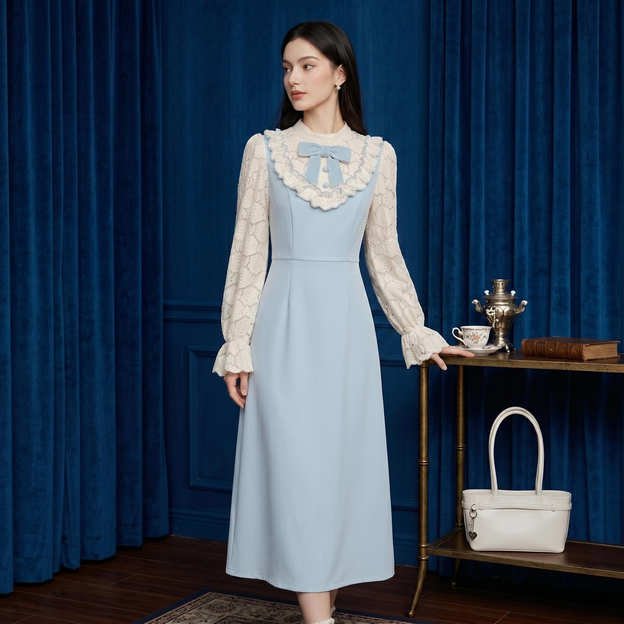 Light Blue Vintage Lace Midi Dress