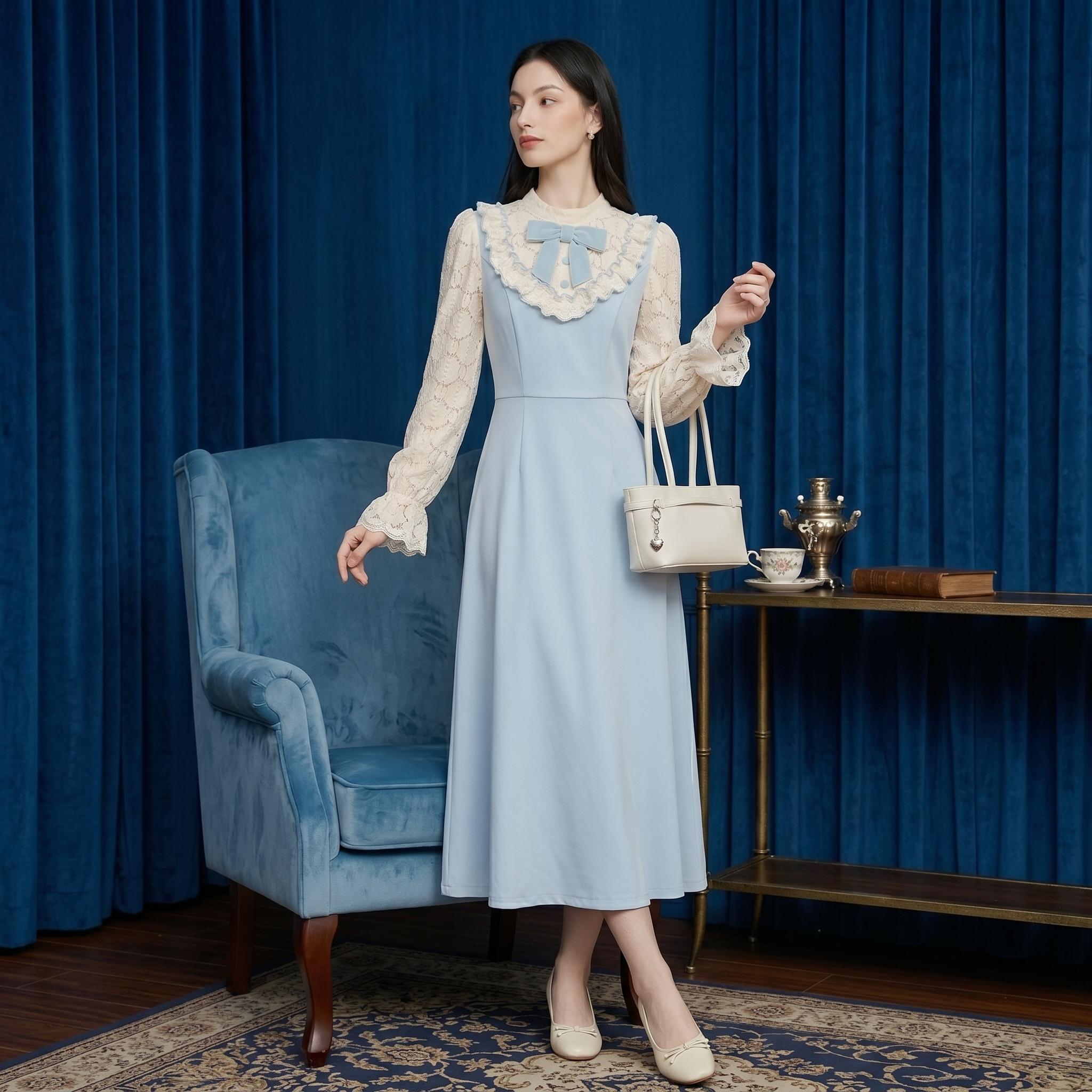 Light Blue Vintage Lace Midi Dress - Image 2