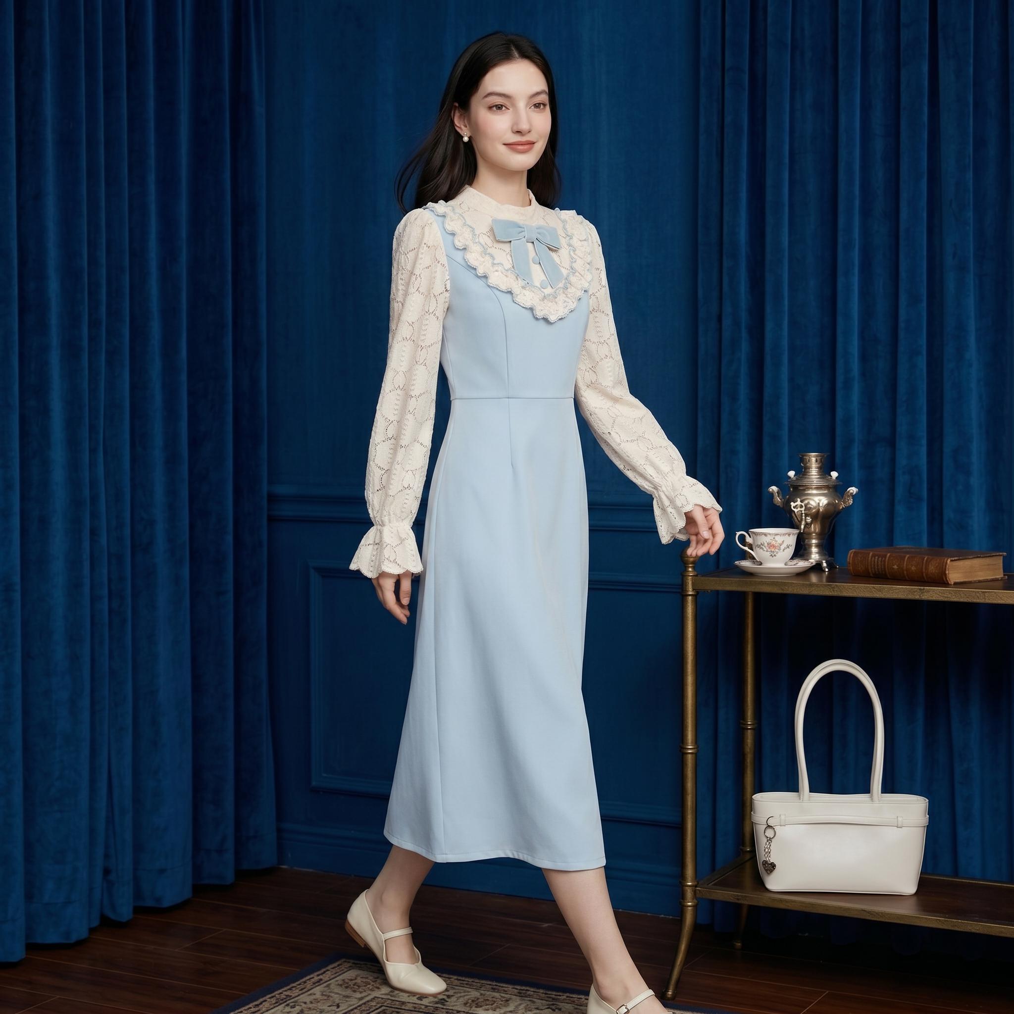 Light Blue Vintage Lace Midi Dress - Image 3