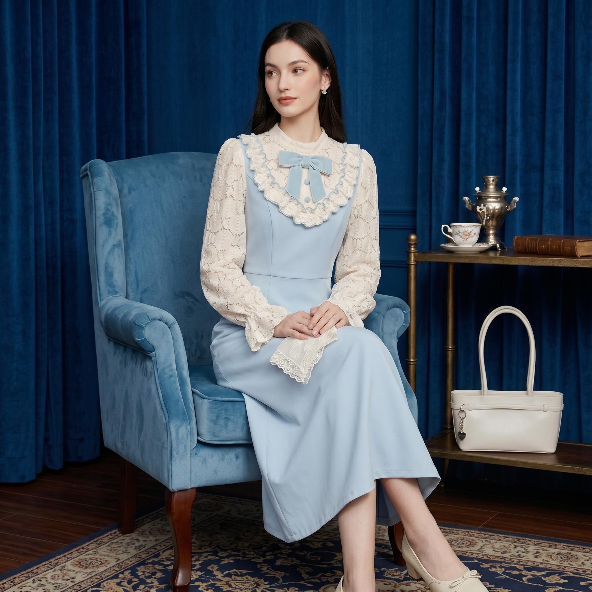 Light Blue Vintage Lace Midi Dress - Image 5