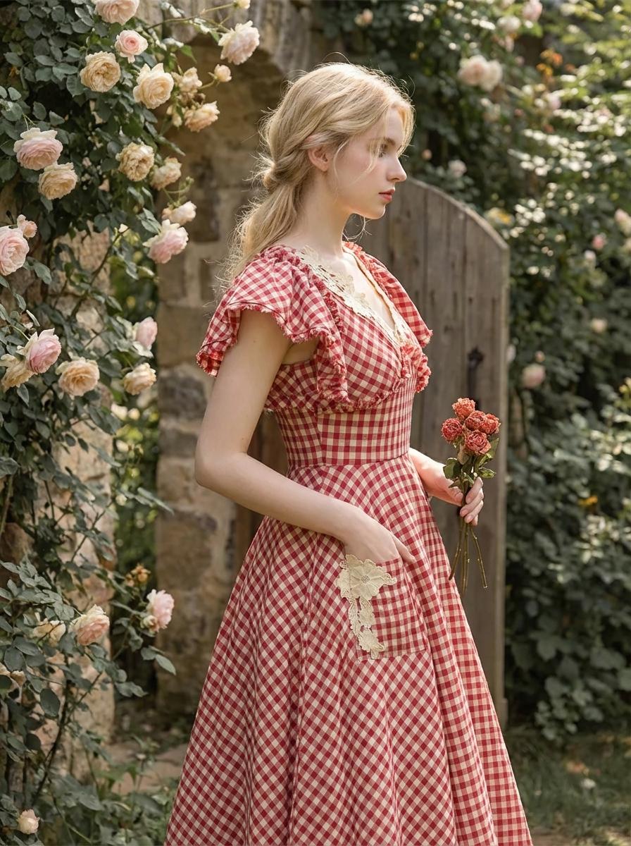 Red Gingham Vintage Cottagecore Dress - Image 2