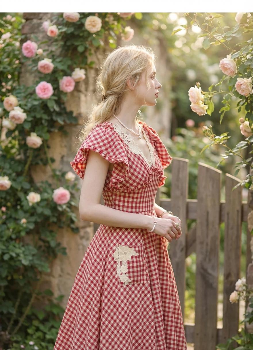 Red Gingham Vintage Cottagecore Dress - Image 3