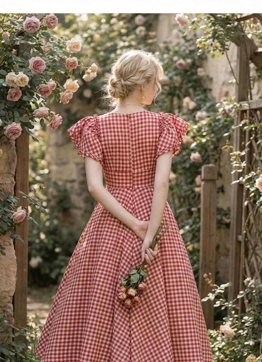 Red Gingham Vintage Cottagecore Dress - Image 4