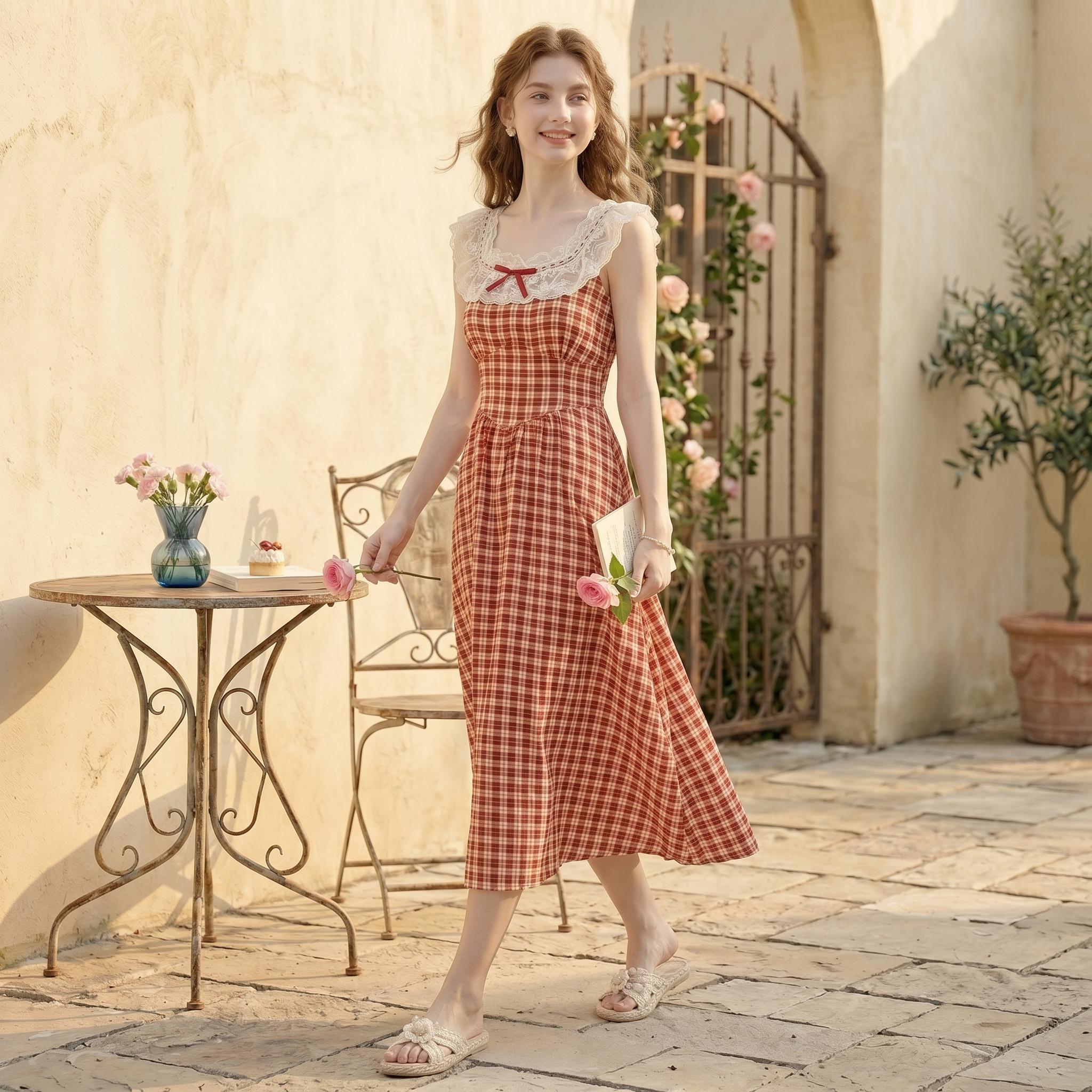 Red Gingham Vintage Midi Dress