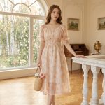 Soft Peach Floral Puff Sleeve Midi Dress