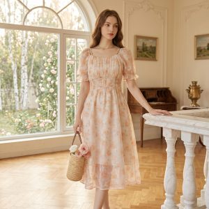 Soft Peach Floral Puff Sleeve Midi Dress