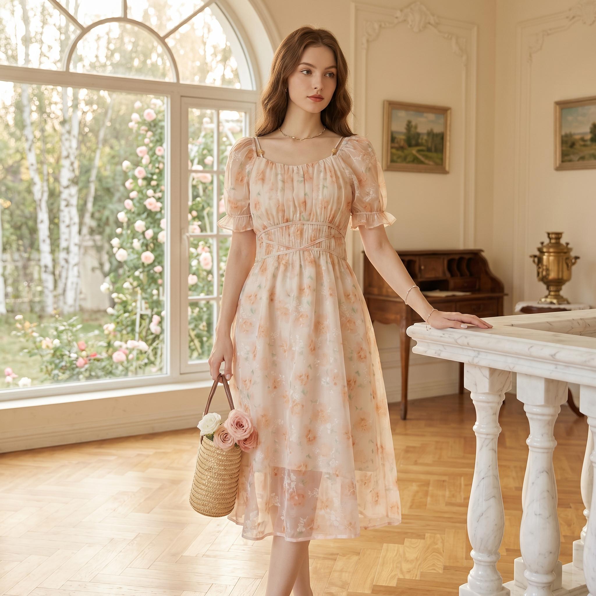 Soft Peach Floral Puff Sleeve Midi Dress