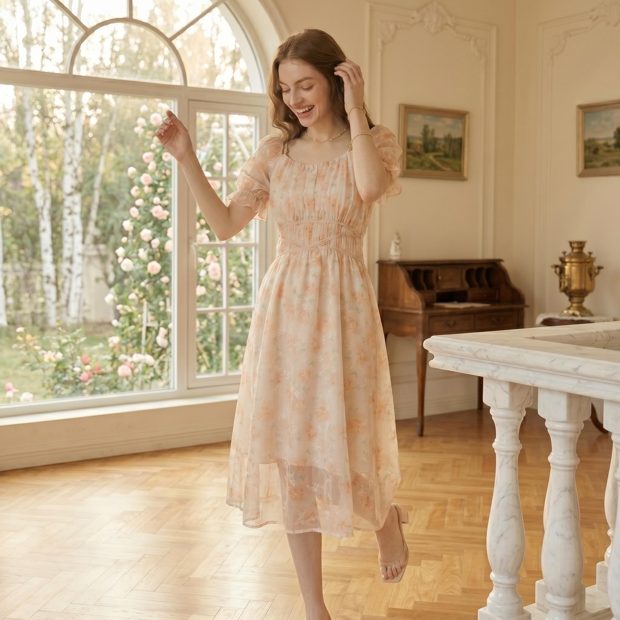 Soft Peach Floral Puff Sleeve Midi Dress - Image 2