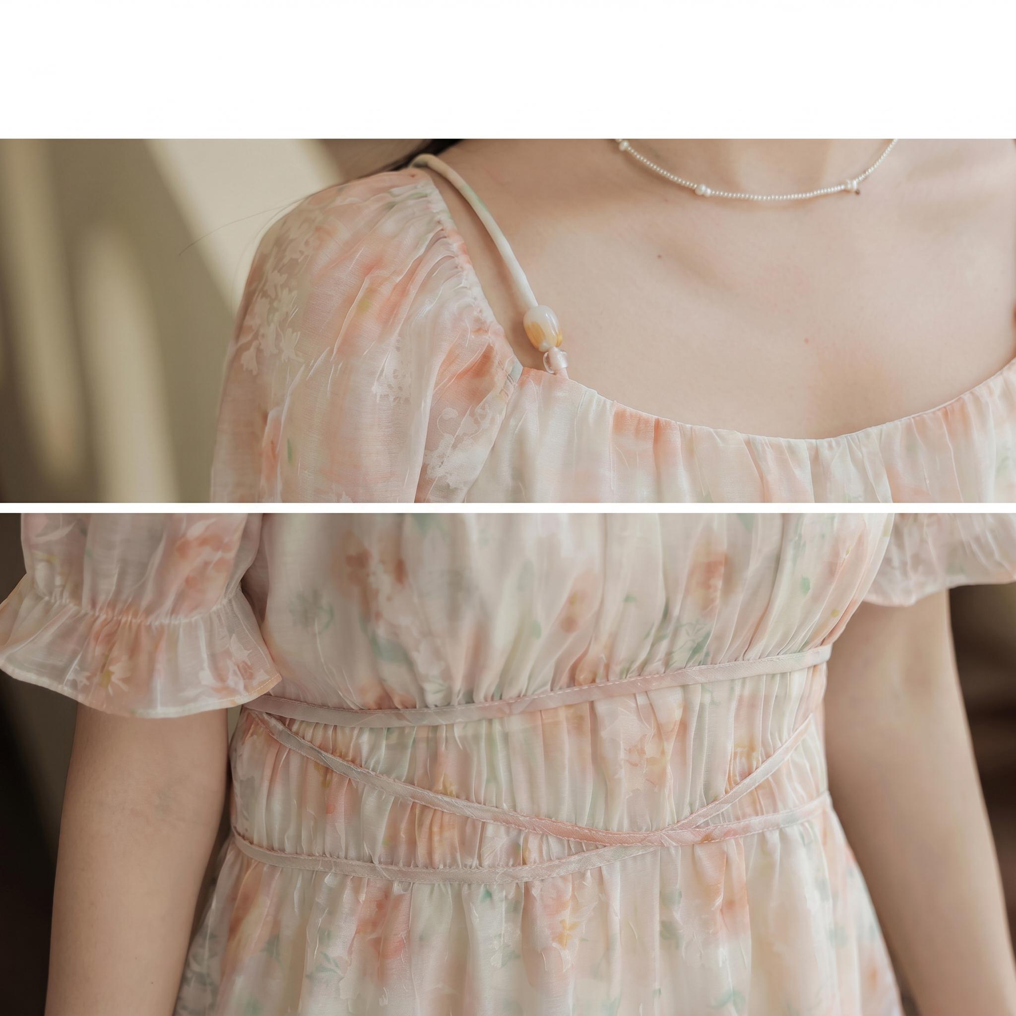 Soft Peach Floral Puff Sleeve Midi Dress - Image 4