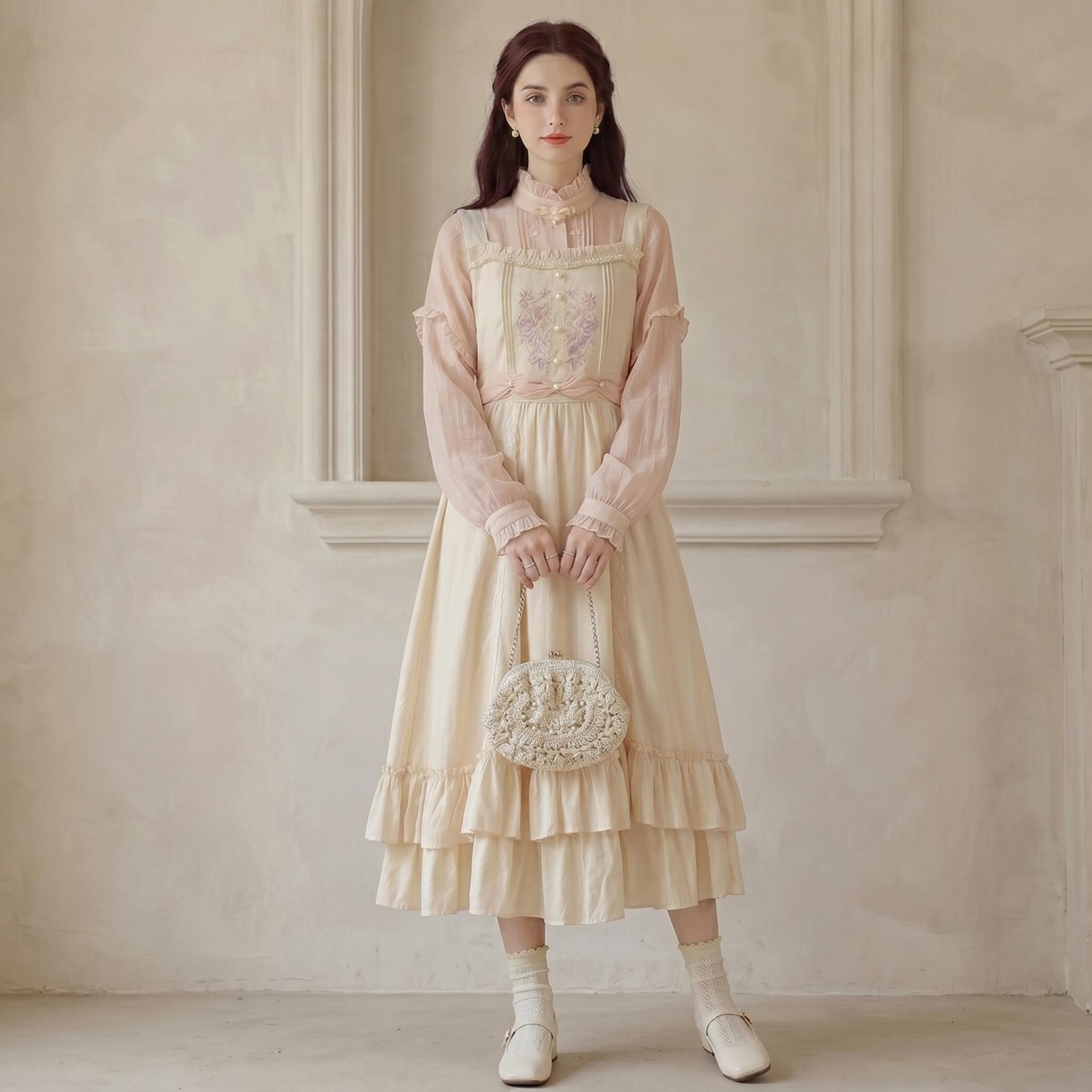 Vintage Cream Ruffle Midi Dress - Image 2