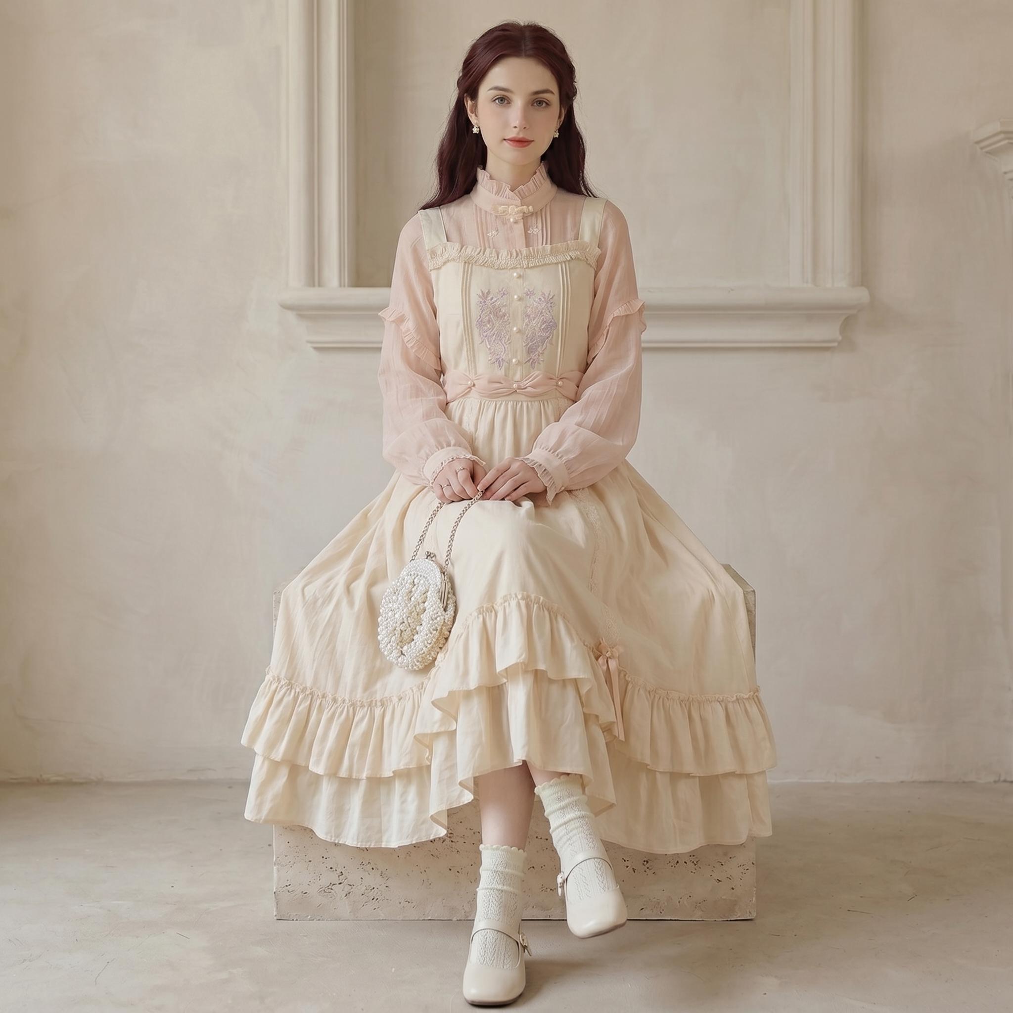 Vintage Cream Ruffle Midi Dress