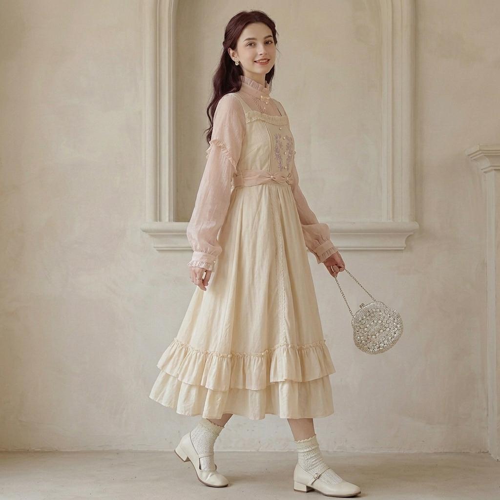 Vintage Cream Ruffle Midi Dress - Image 4