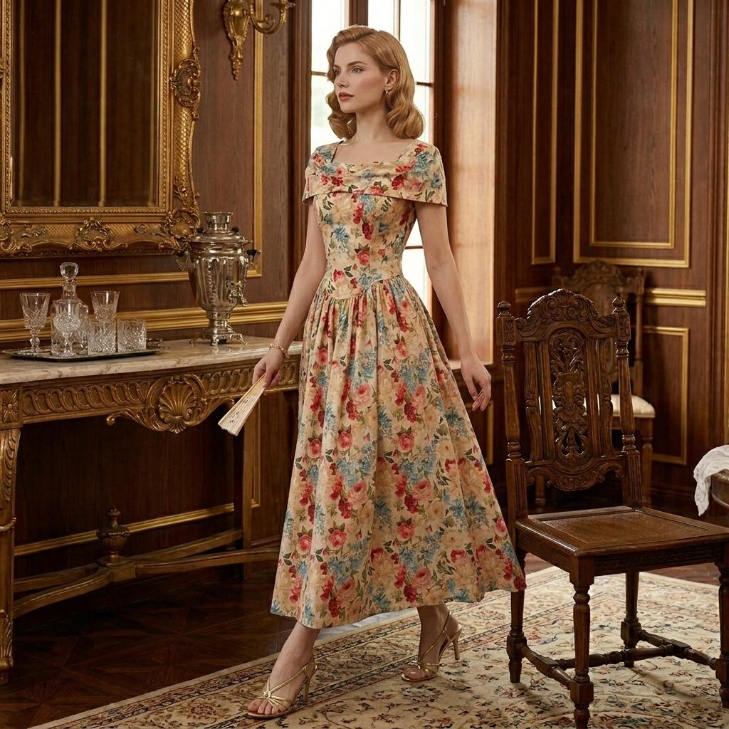 Vintage Floral Off-Shoulder Midi Dress - Image 2