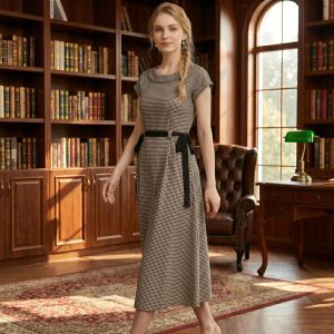 Vintage Houndstooth Midi Dress