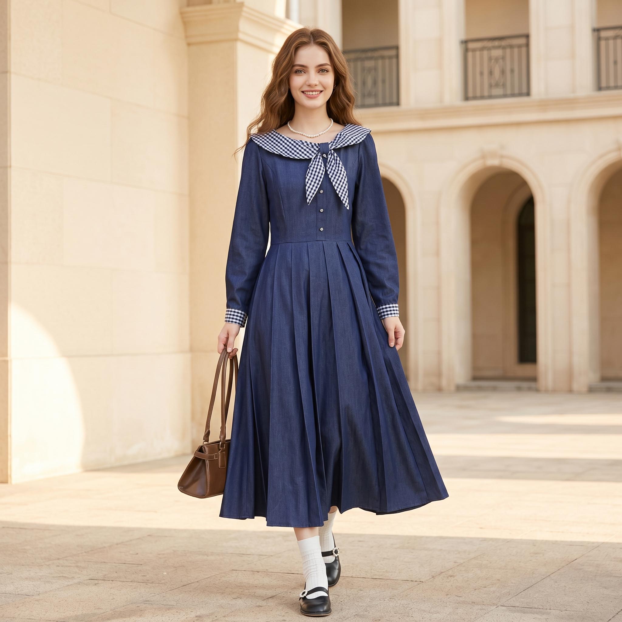 Vintage Navy Blue Sailor Collar Midi Dress
