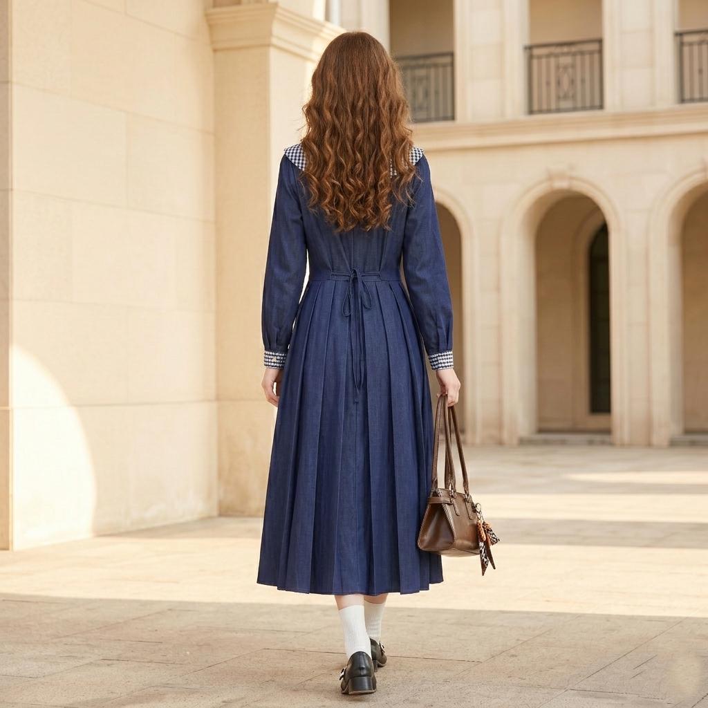 Vintage Navy Blue Sailor Collar Midi Dress - Image 4