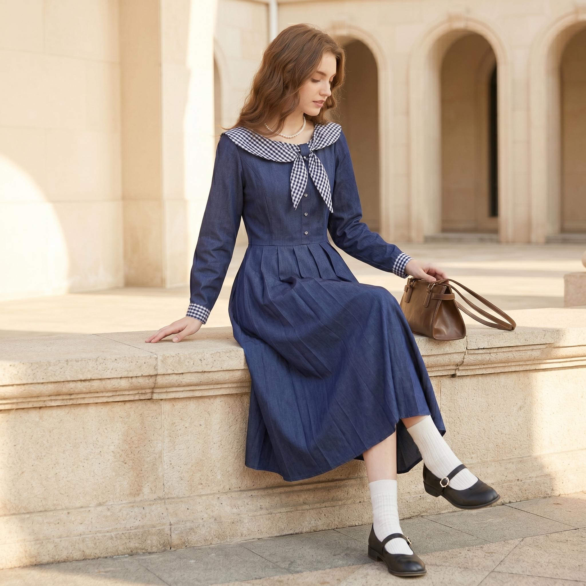 Vintage Navy Blue Sailor Collar Midi Dress - Image 3