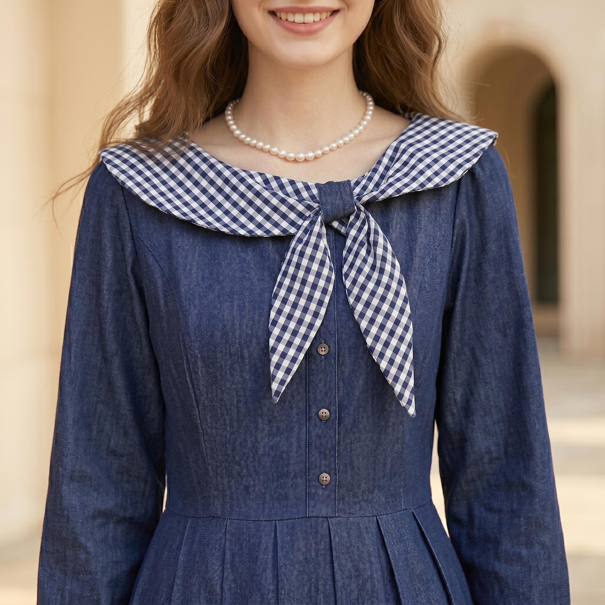 Vintage Navy Blue Sailor Collar Midi Dress - Image 2
