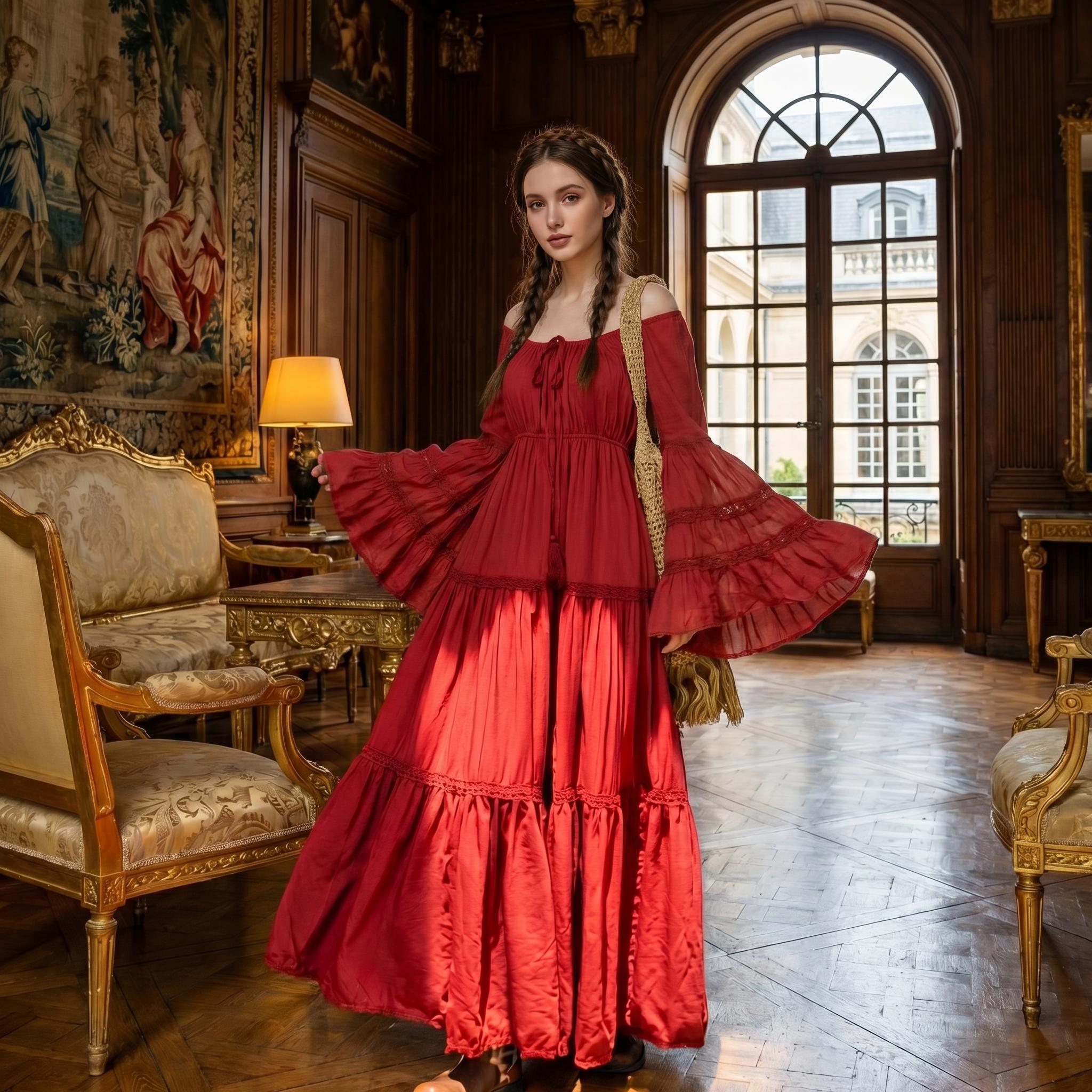 Vintage Red Off-Shoulder Maxi Dress