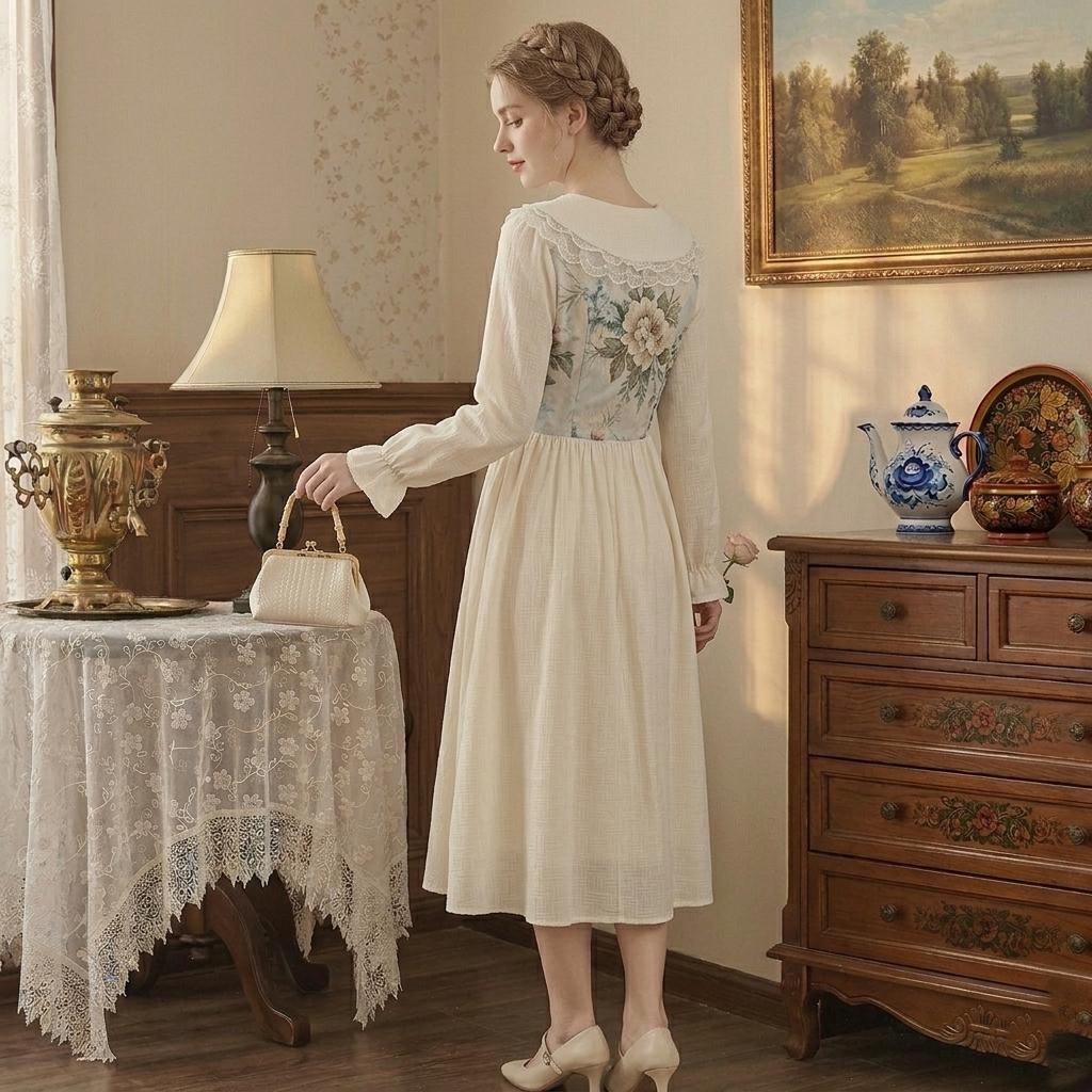 Vintage Floral Off-Shoulder Midi Dress - Image 4