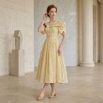 Vintage Yellow Floral Puff Sleeve Midi Dress