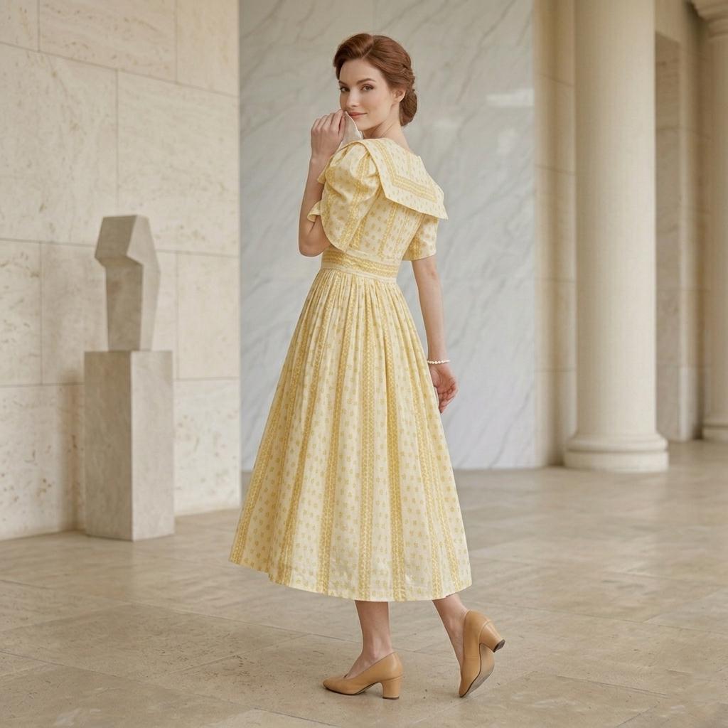 Vintage Yellow Floral Puff Sleeve Midi Dress - Image 2