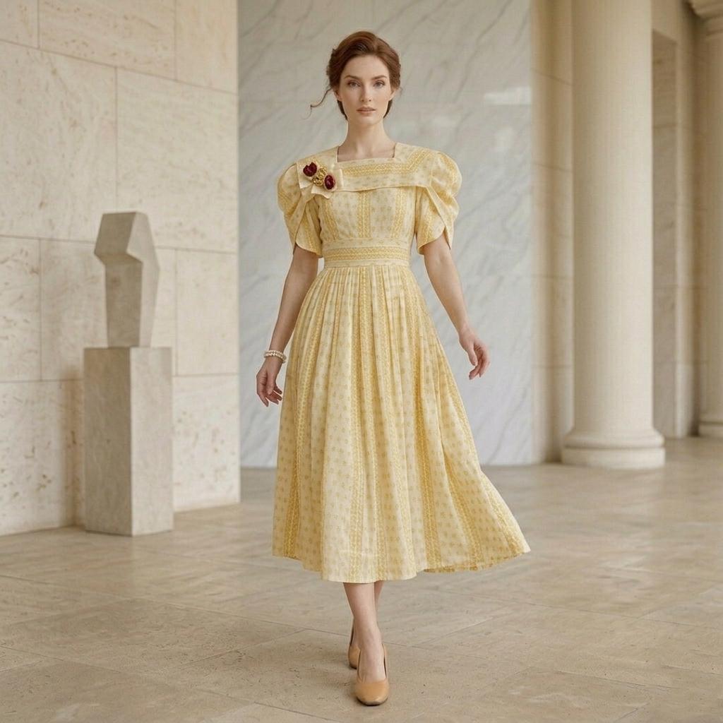 Vintage Yellow Floral Puff Sleeve Midi Dress - Image 3